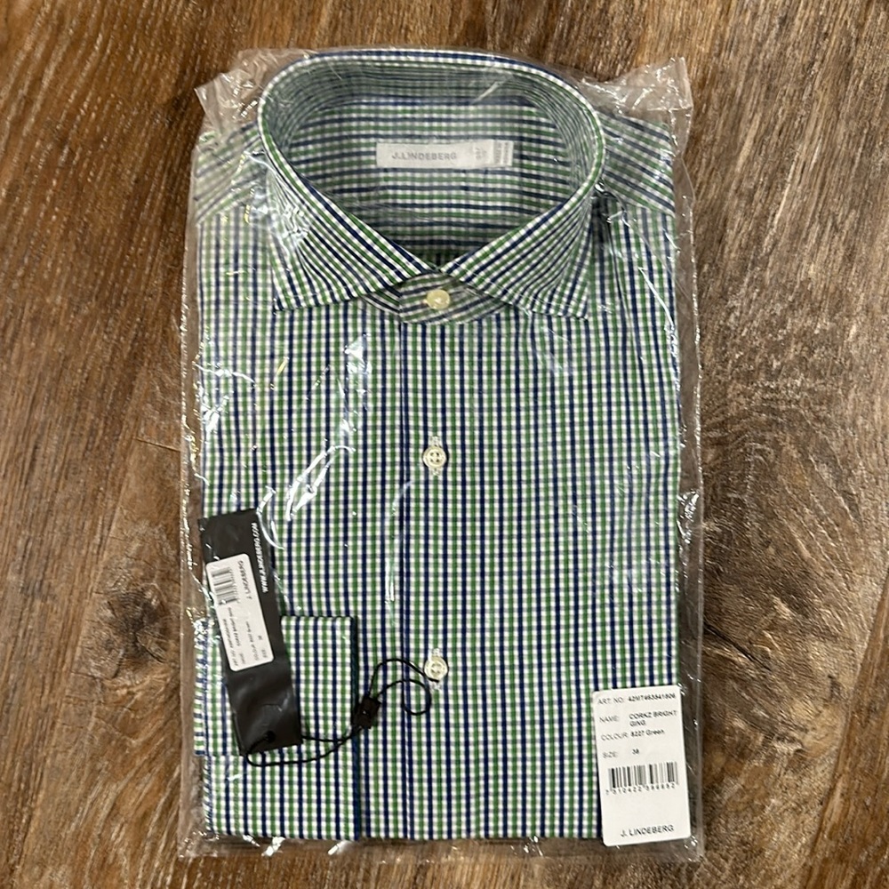 J.Lindeberg Corkz Bright Ging Green Blue White Check Dress Shirt Men 38 / 15 NWT